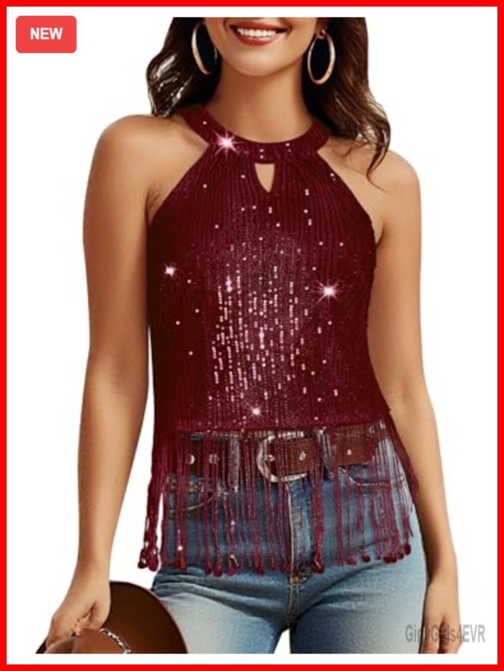 Fringe Sequin Halter Crop Top Sleeveless Party Concert Cami